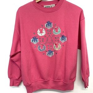 Vintage 90s Holiday Sweatshirt Embroidery Cottage Core Grandma Retro Medium Pink